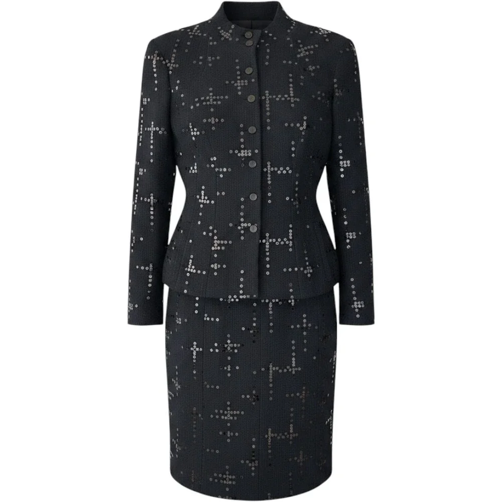 NWT Chanel 02A Black Sequin Tweed Skirt Suit Jacket Set P19919‎ FR 44 US 12